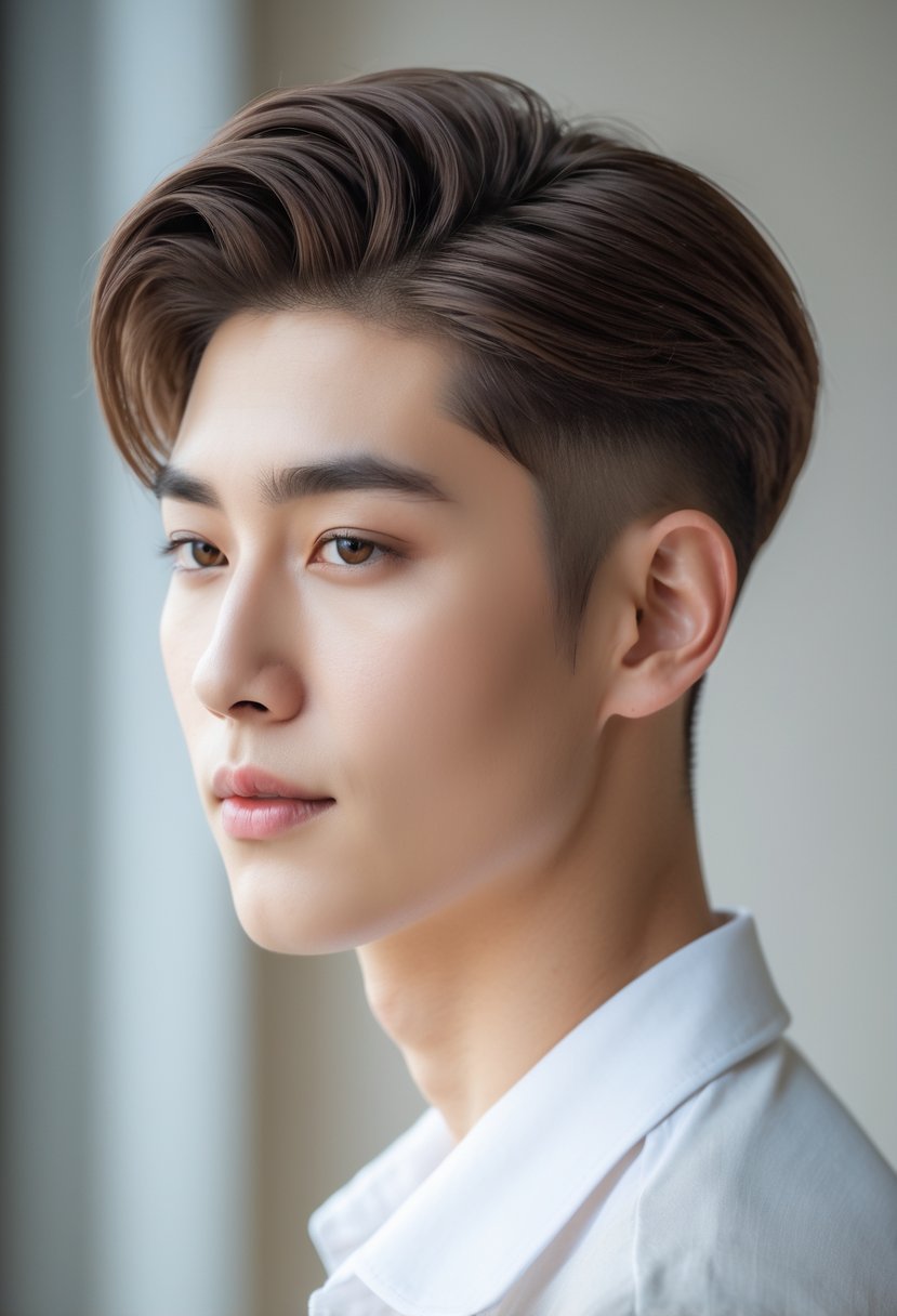 A young Korean man with a middle part hairstyle looking slightly to the side against a softly blurred background.