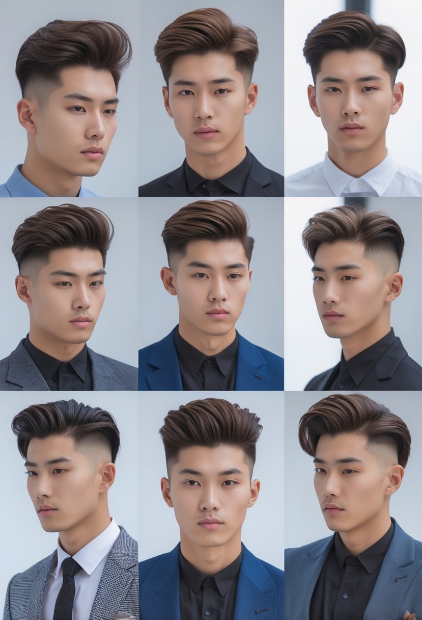 A group of 10 Korean men with different comb over fade haircuts posing in a bright studio.