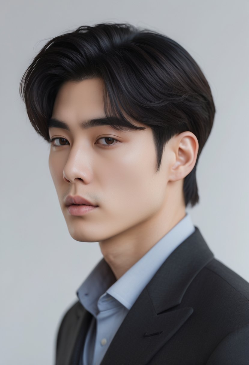 Close-up portrait of a young Korean man with neatly parted hair and a fringe, wearing a smart-casual outfit against a plain background.