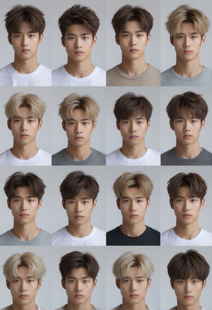 A group of ten Korean men with different shaggy layered haircuts, standing together in a studio with a plain background.