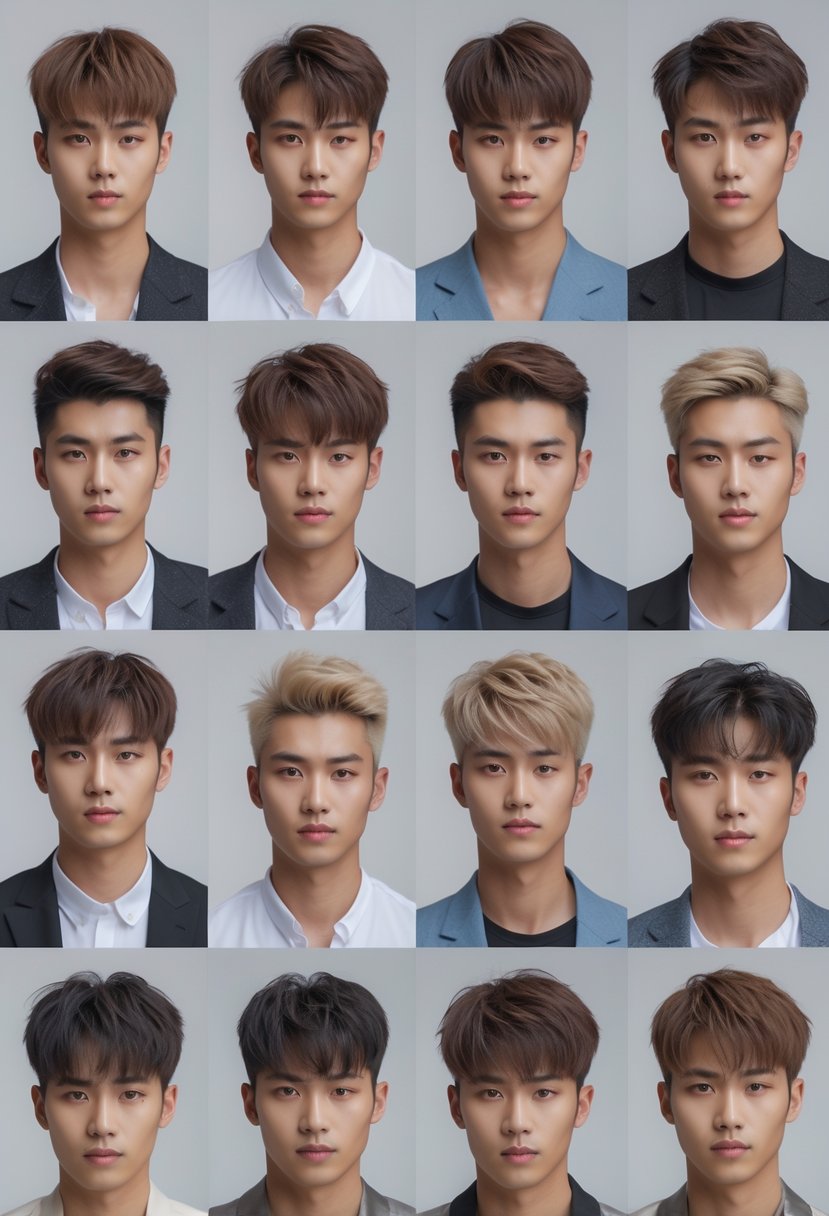 A group of 10 Korean men with different short textured hairstyles standing together in a studio.