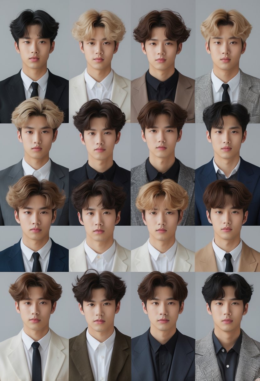A group of 10 Korean men with different soft permed hairstyles standing together in a studio.