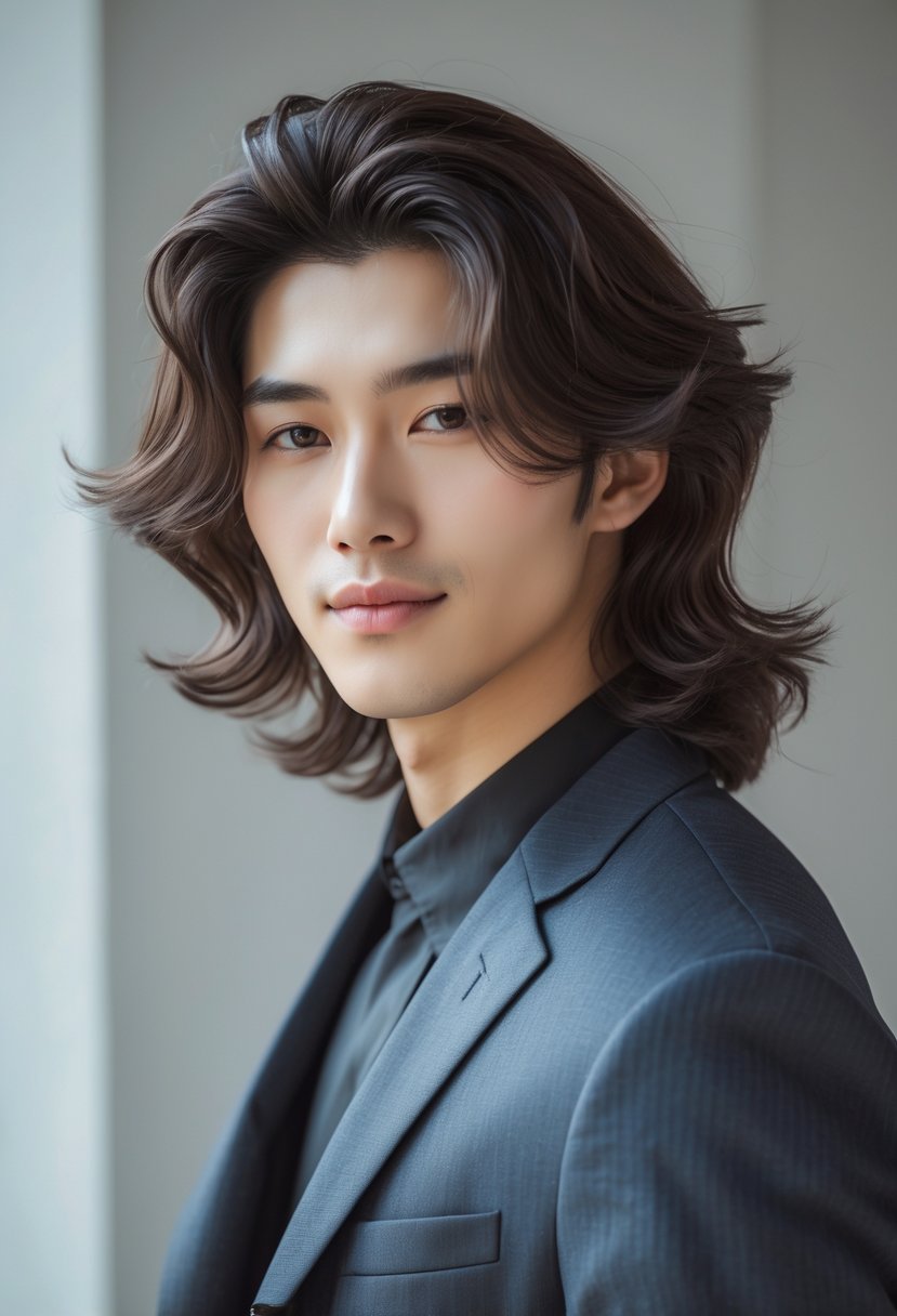 A young Korean man with long wavy hair posing confidently against a plain background.