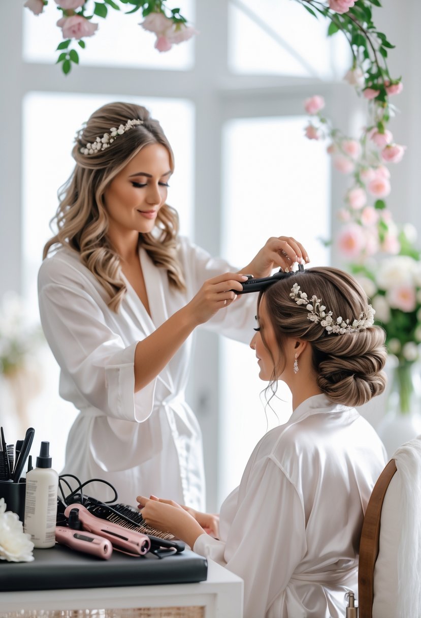 A hairstylist styling a bride's hair in a beauty studio, preparing an elegant wedding hairstyle.