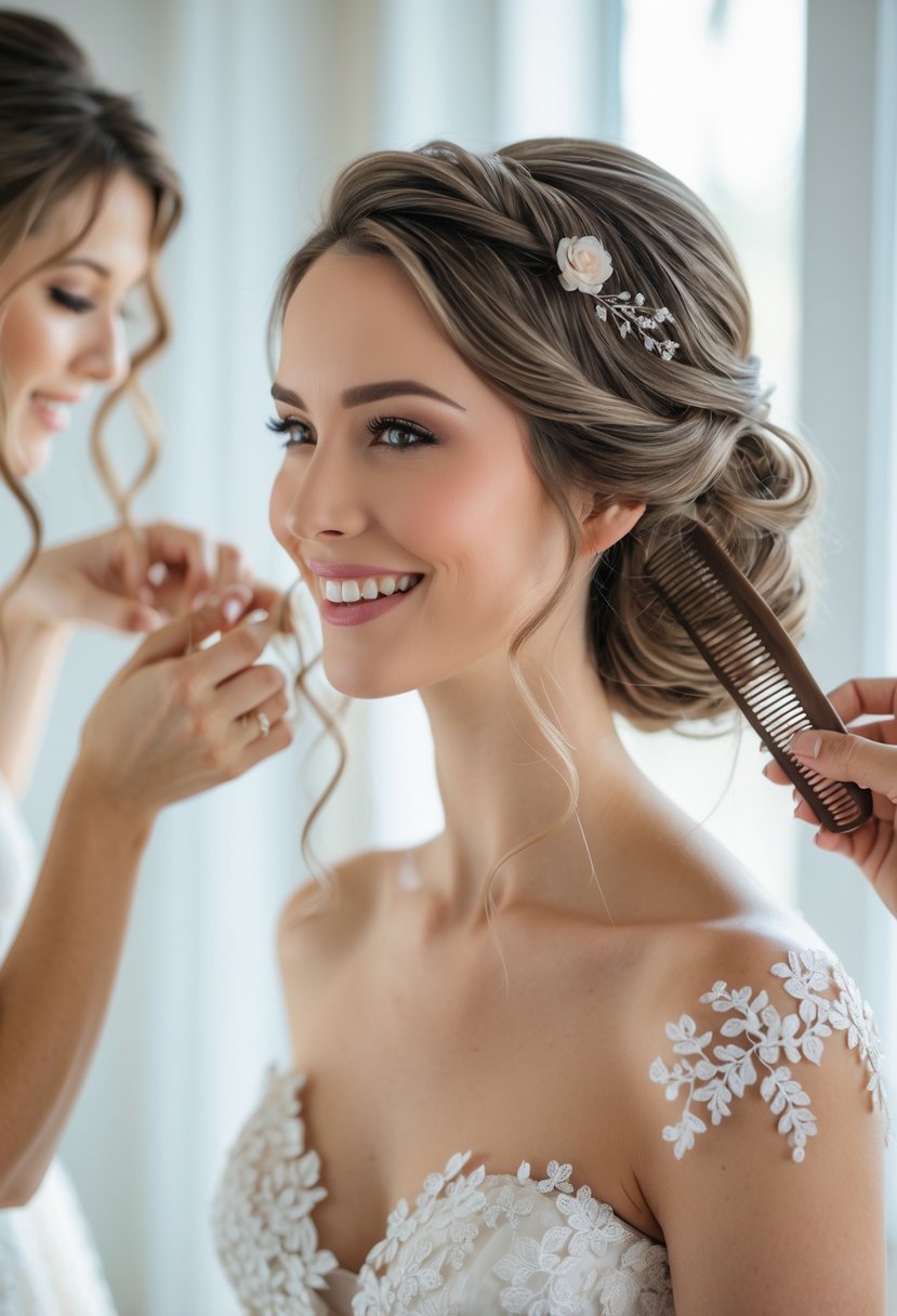 A bride with a softly curled wedding hairstyle being adjusted by a hairstylist in a bright room.