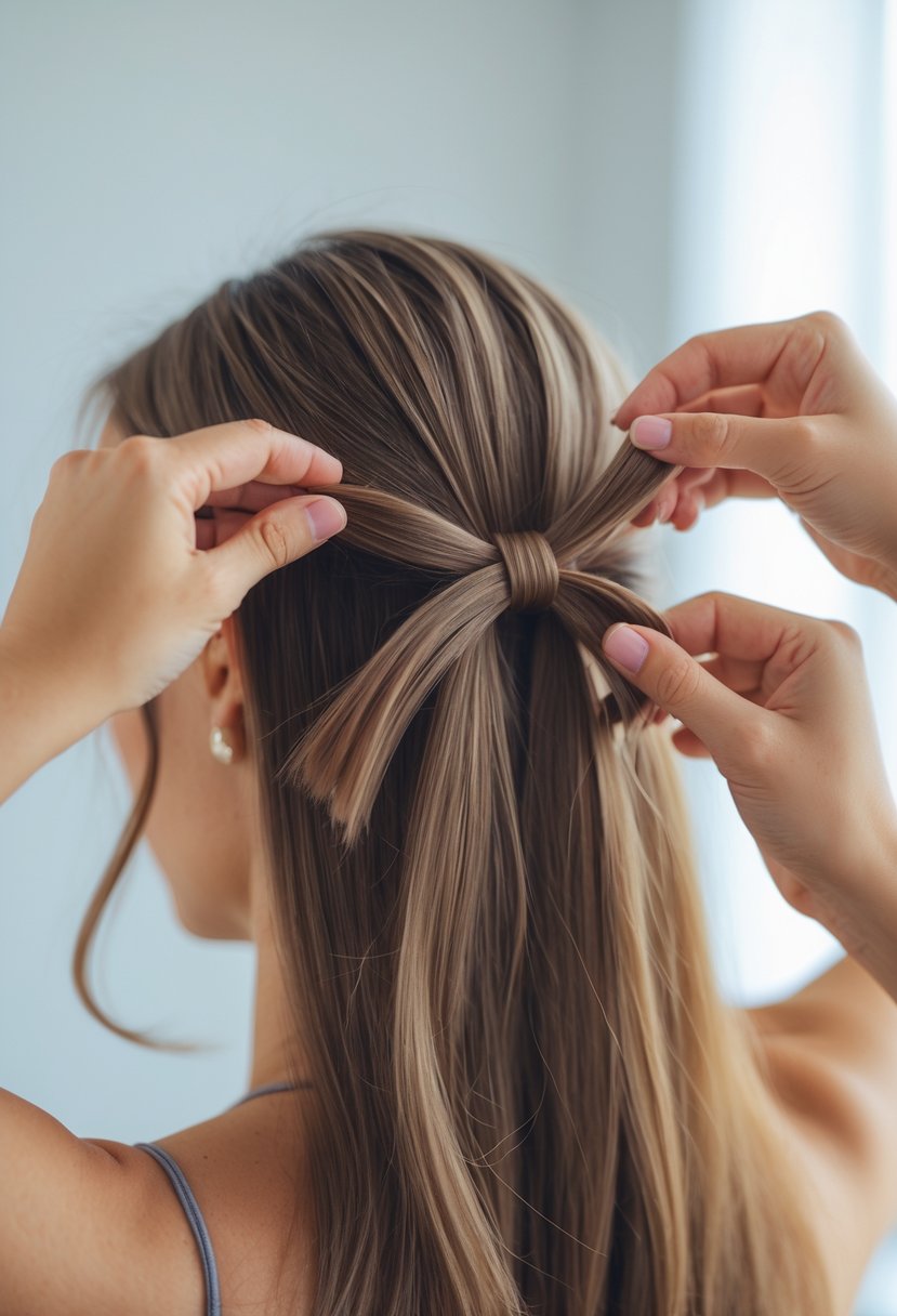 Close-up of a woman’s hands tying a bow hairstyle on the back of her head.