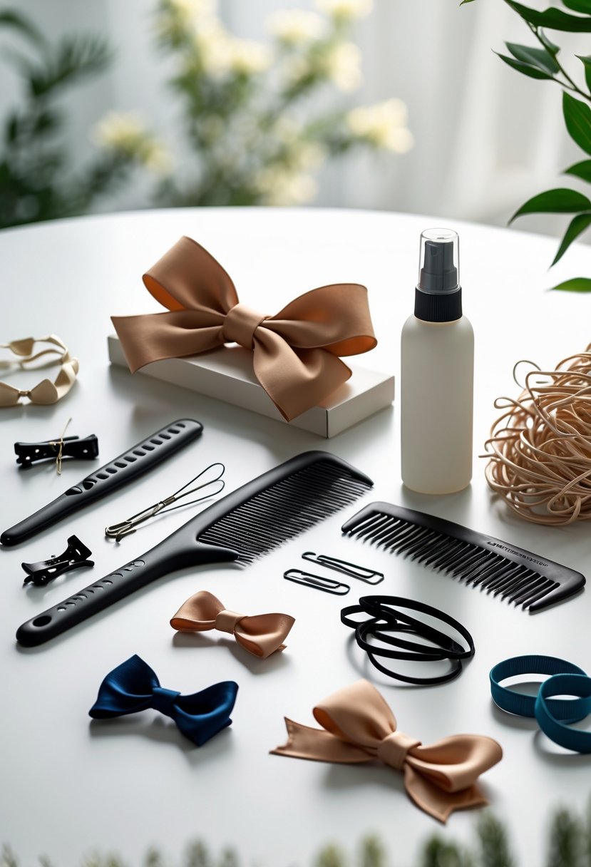 A collection of hair styling tools and accessories arranged on a surface, including combs, hairbrush, elastics, bobby pins, clips, and ribbons.