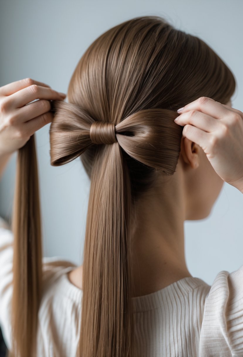 Close-up of a woman styling her hair into a bow shape with her hands.