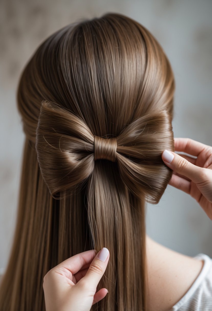 Close-up of a woman styling her hair into a bow shape with her hands.