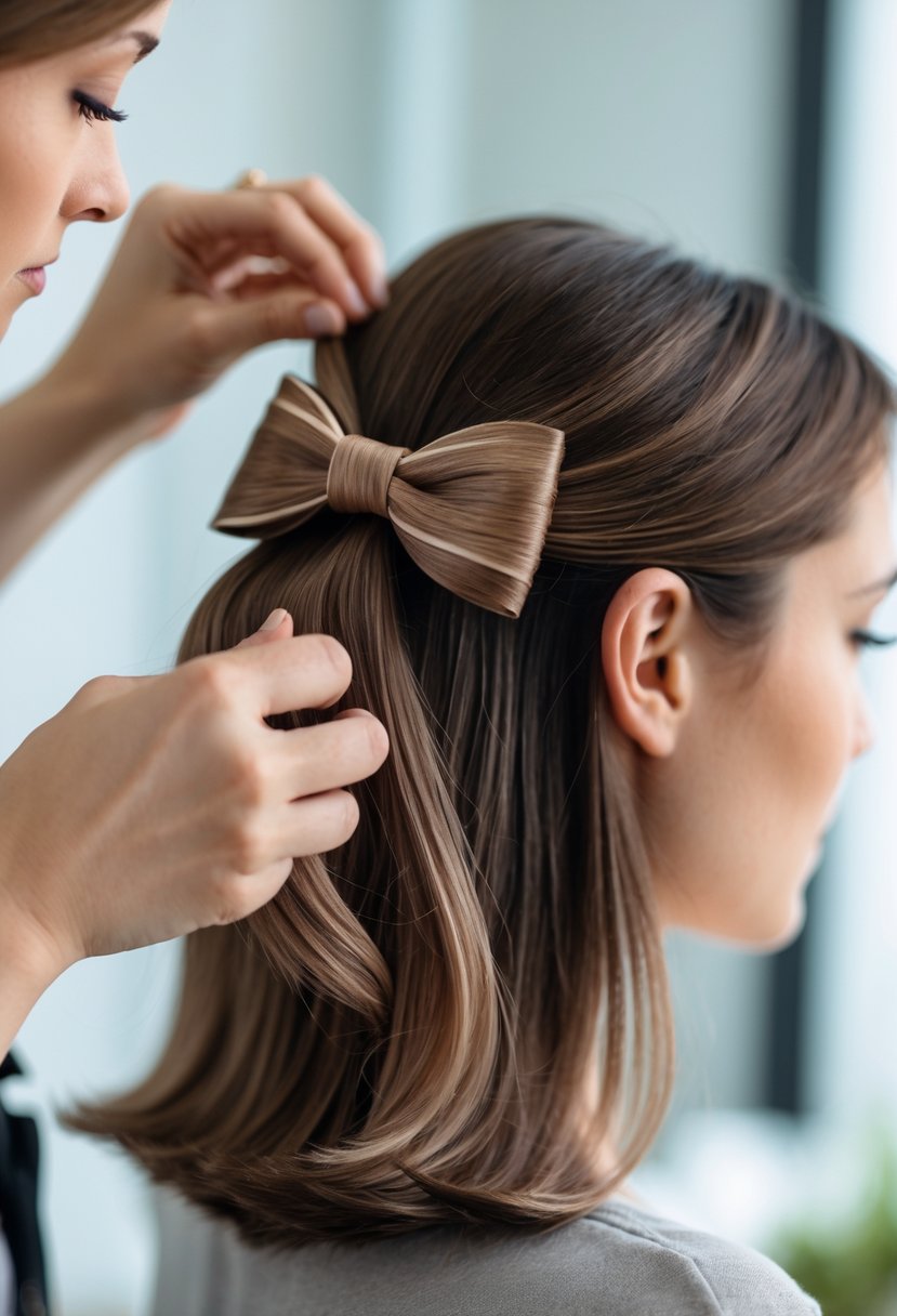 A woman styling a bow hairstyle by tying her hair at the back of her head.