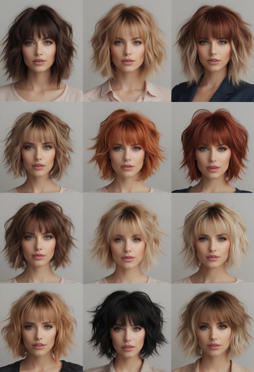 A group of 10 women with different shag hairstyles, posing together in a studio with a neutral background.