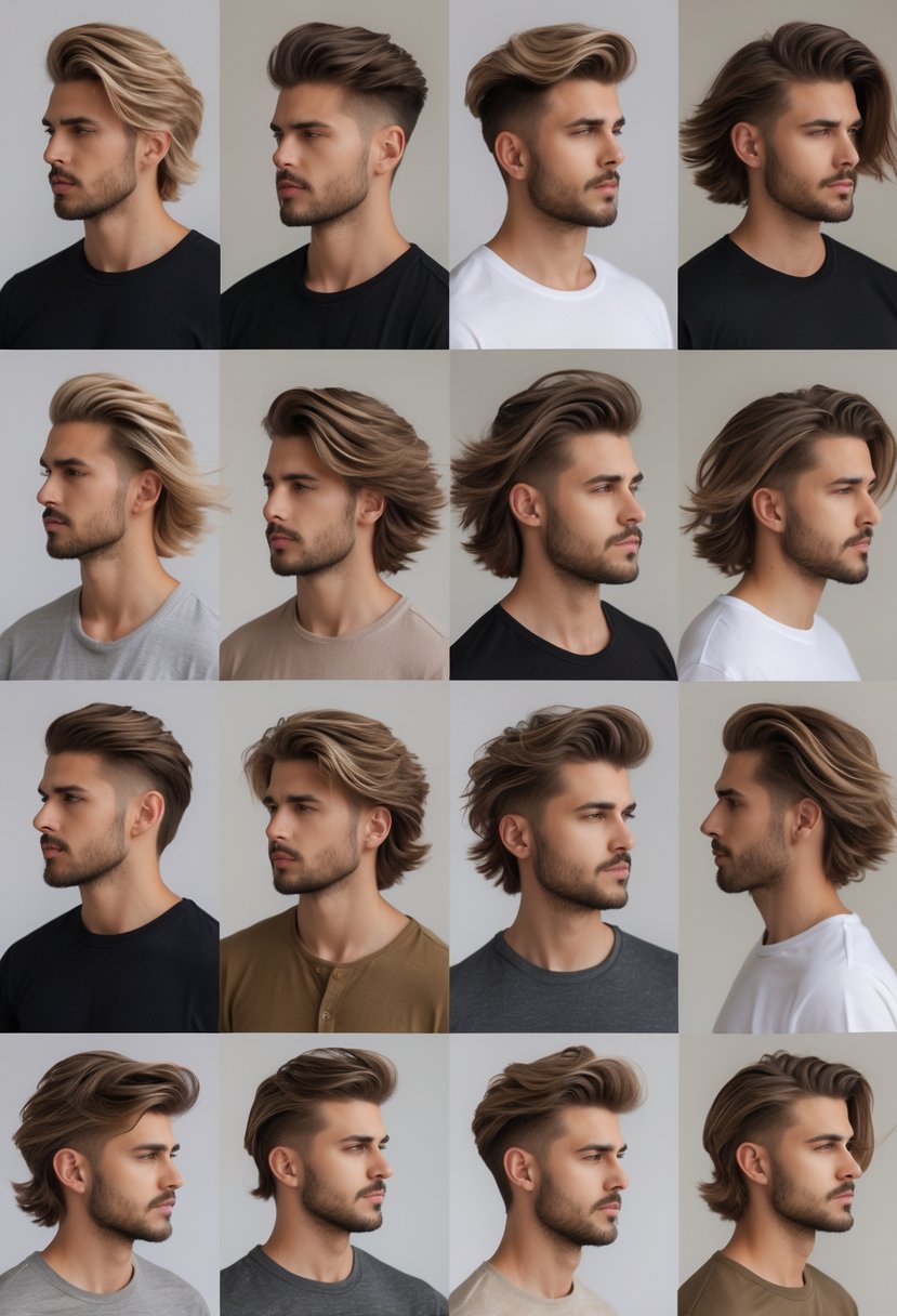 Ten men with different flowy haircuts posing in a studio with a plain background.