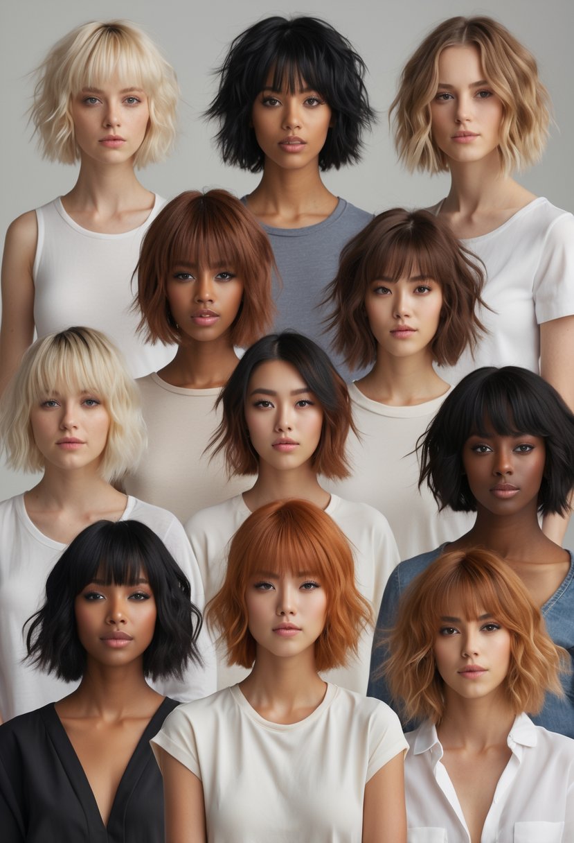 Ten people with different shaggy lob haircuts posing against a plain background.