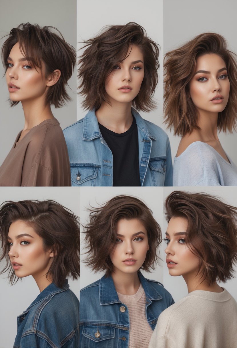 Five young adults with wavy layered wolf cut hairstyles posing in a studio with a neutral background.