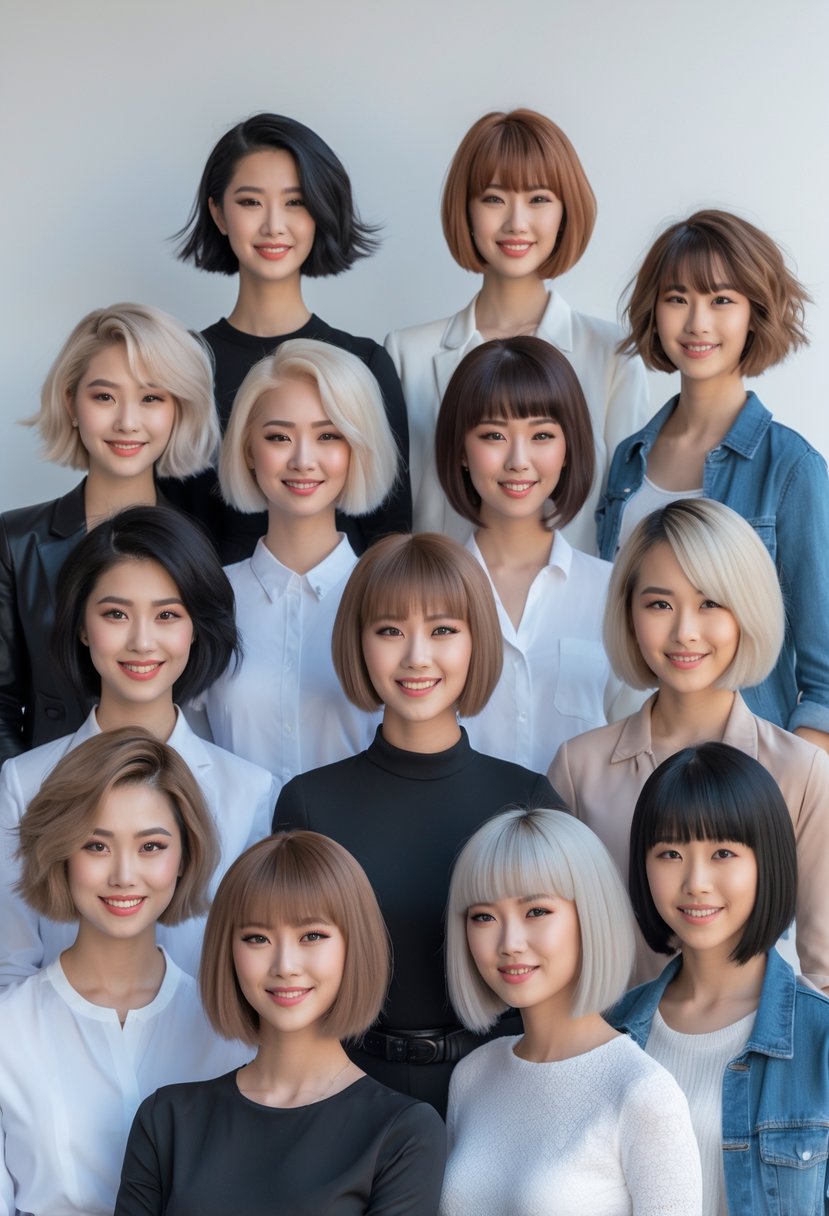 Ten people with Bob Wolf Cut hairstyles posing together in a bright studio.