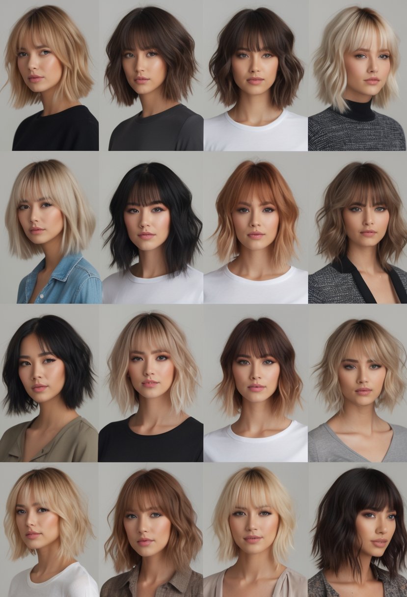 Ten people with different layered haircuts standing together against a plain background.