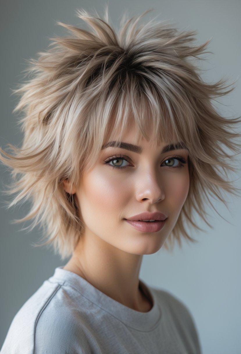 Close-up portrait of a person with a fluffy wolf cut hairstyle in a neutral studio setting.