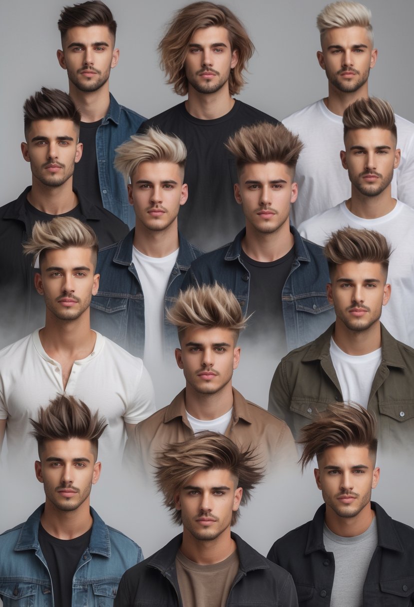 Ten men with different wolf cut hairstyles standing together in a studio with a plain background.