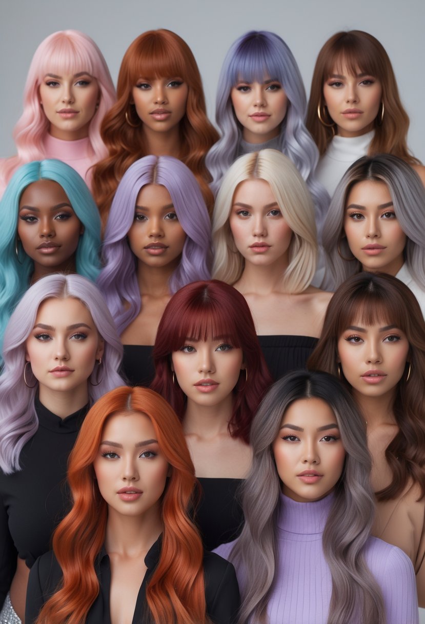 Ten women with different vibrant hair colors posing together in a studio.