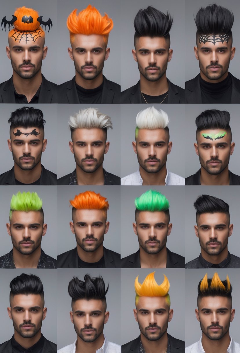 Ten men with different Halloween-themed hairstyles posed together in a studio setting.