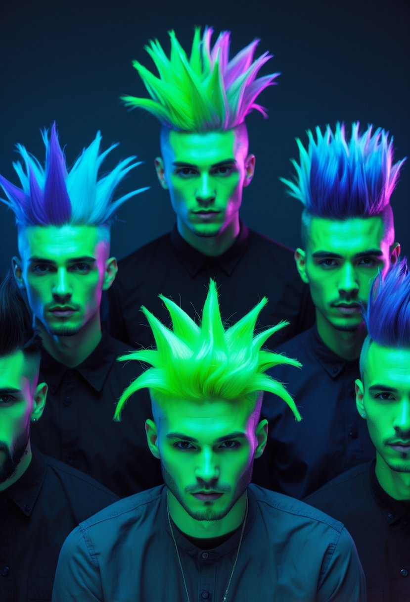 Five men with glowing, colorful hairstyles standing together in a dark studio.