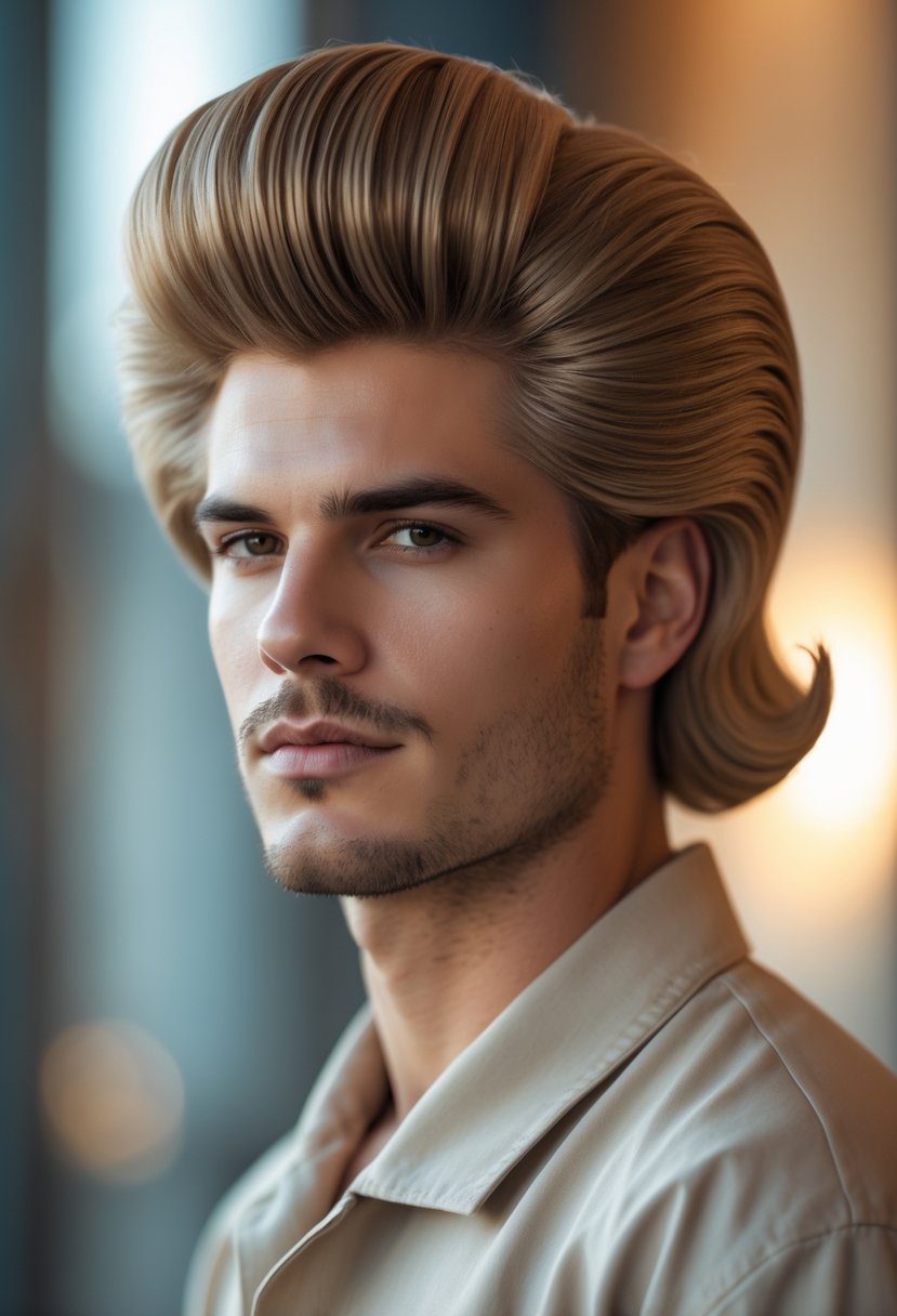 Close-up of a man with a creative hairstyle shaped like a retro Ghostbuster helmet.