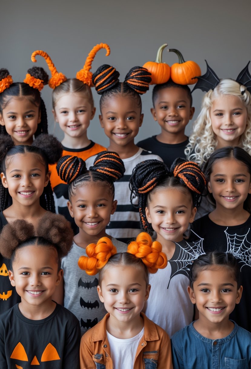 Ten children with different Halloween-themed hairstyles posing together and smiling.