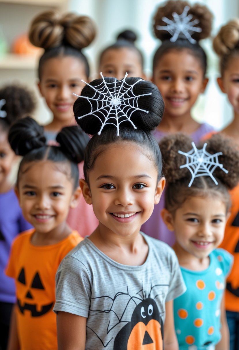 Group of children with creative spider bun hairstyles decorated with spider webs and small spiders, smiling indoors.