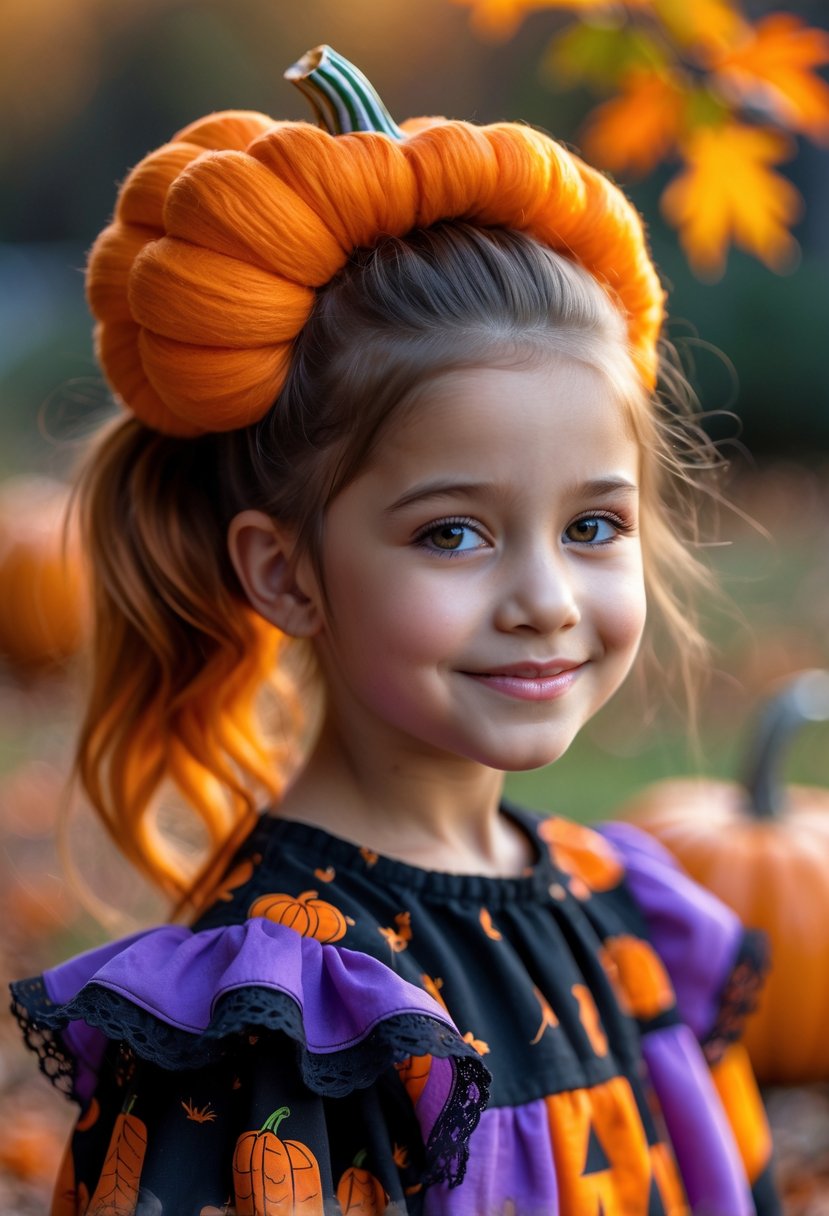 A young girl with an orange pumpkin-shaped puff ponytail smiling in a festive Halloween outfit with autumn decorations in the background.