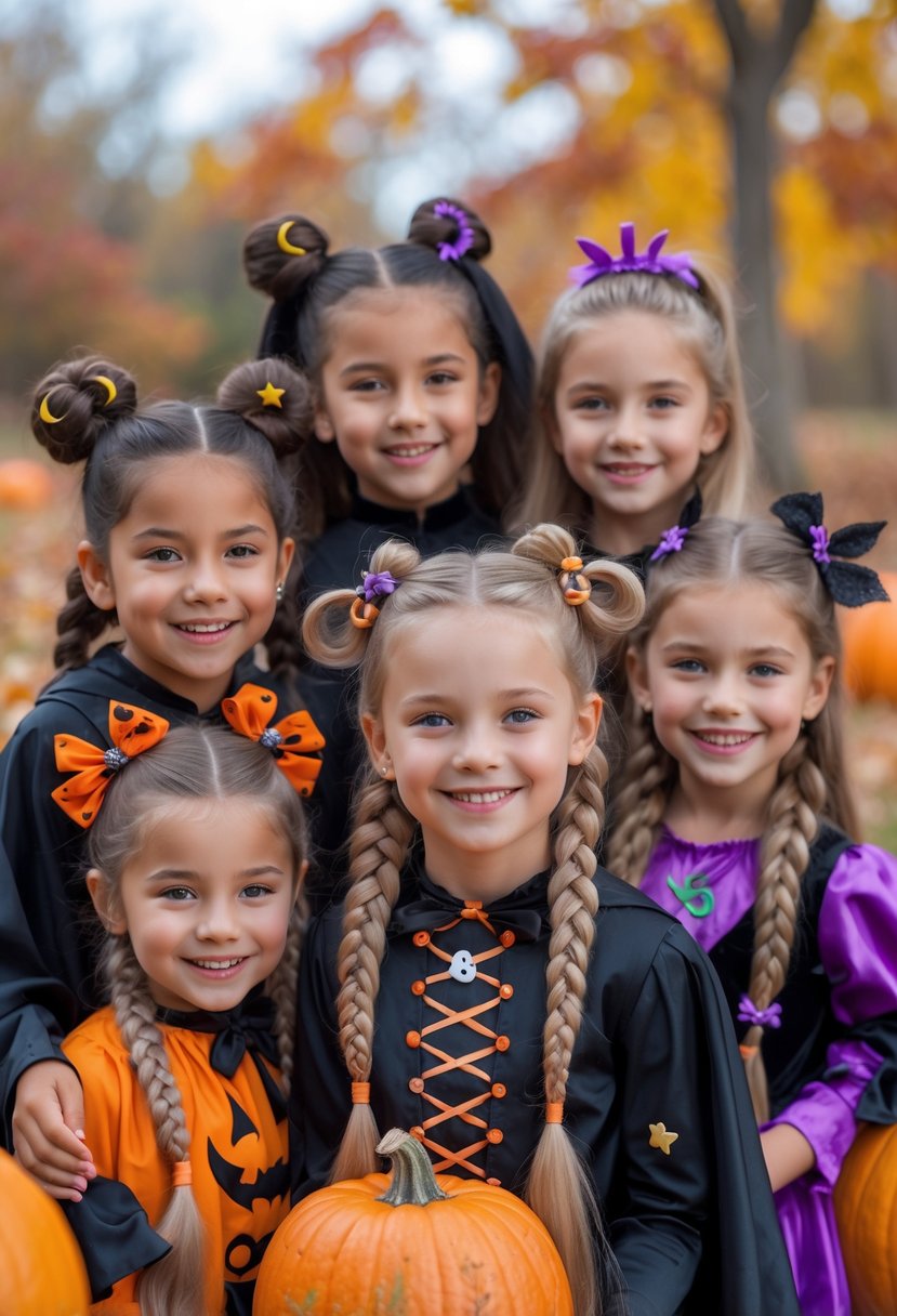 A group of children outdoors wearing Halloween costumes with braided hairstyles decorated with small charms and accessories, surrounded by fall leaves and pumpkins.