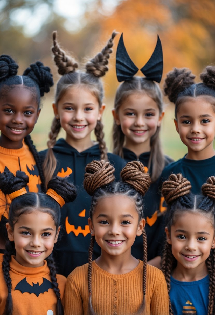 A group of children outdoors smiling and showing creative Halloween hairstyles shaped like bat wings.