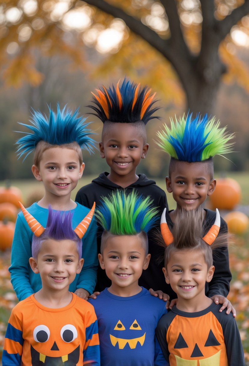 Five children with colorful monster-themed mohawk hairstyles posing outdoors with pumpkins and fall leaves.