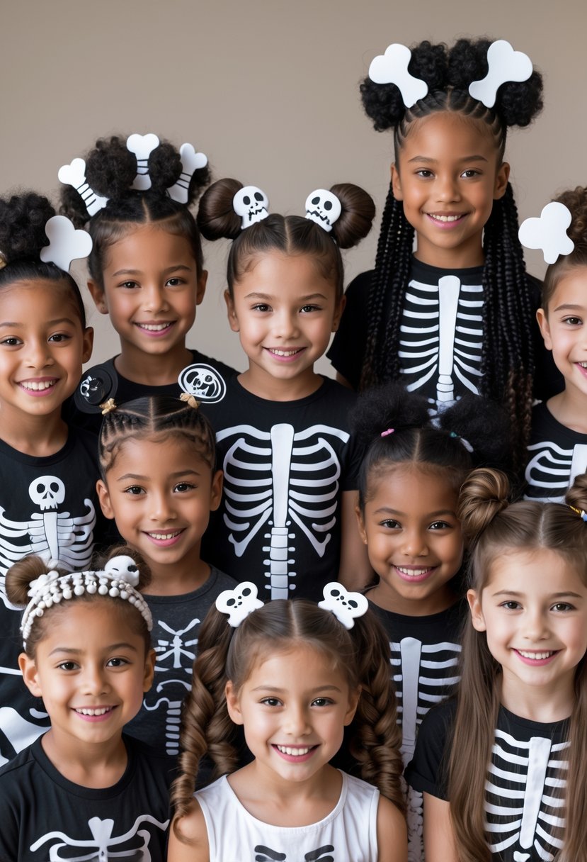 Ten children with Halloween skeleton-inspired hairstyles posing together and smiling.