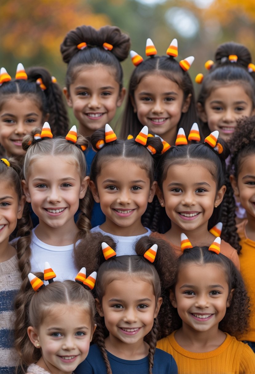 Ten children with different Halloween hairstyles decorated with candy corn hair clips, smiling together in a group.