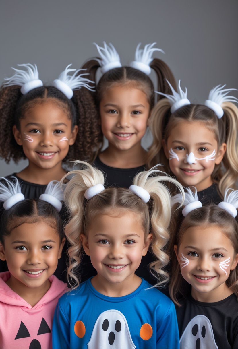 A group of children smiling and posing with Halloween-themed ponytail hairstyles featuring ghost-like decorations.