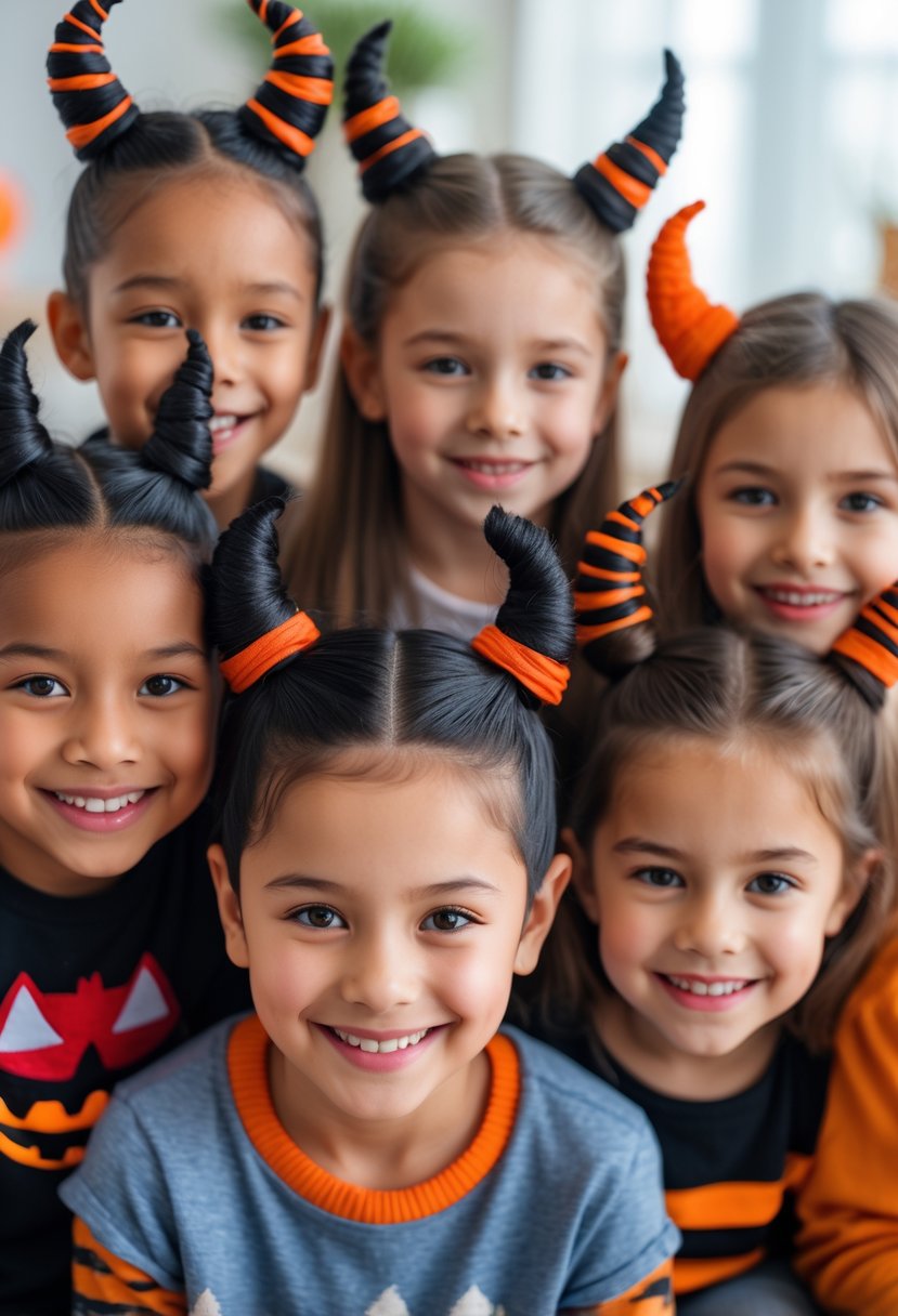 A group of children with Halloween hairstyles styled into devil horn knots, smiling and posing together indoors.