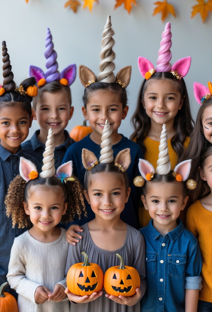 Ten children with colorful unicorn horn twist hairstyles decorated for Halloween, smiling and posing together.