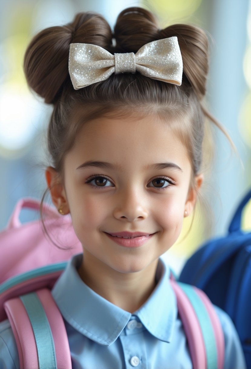 A young girl with a high bun hairstyle decorated with a bow, smiling and ready for her first day of school.
