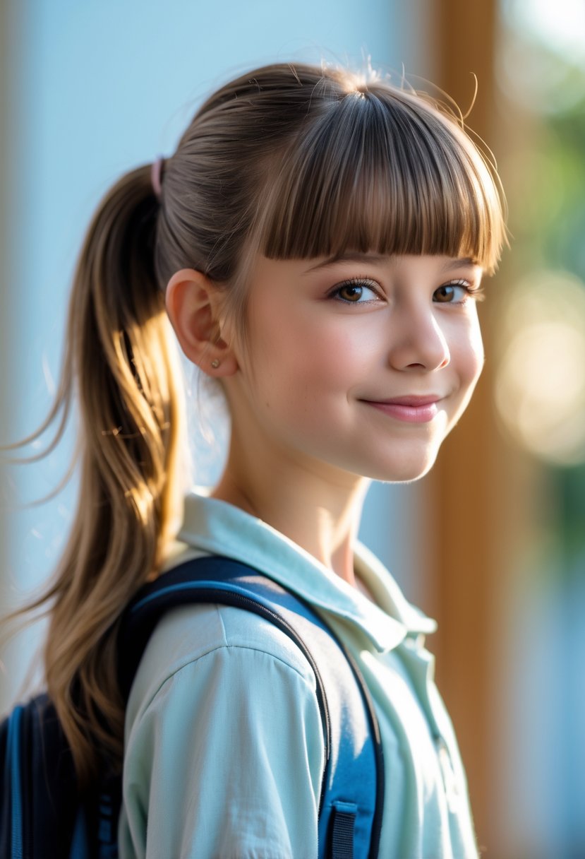 A young girl with a low ponytail and side part smiling with a backpack in a school setting.