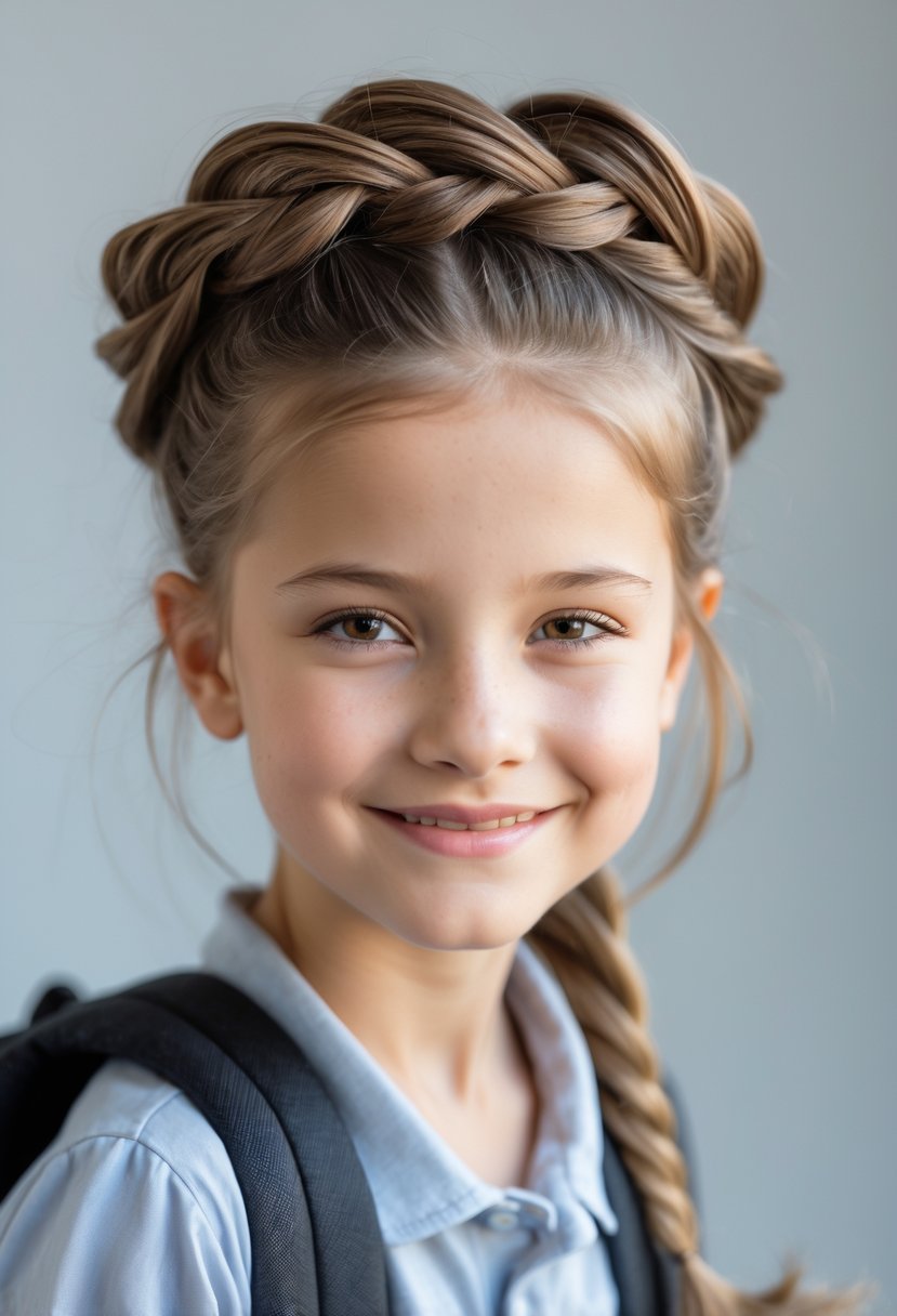 A young girl with a fishtail braid wrapped around her head, smiling softly against a plain background.