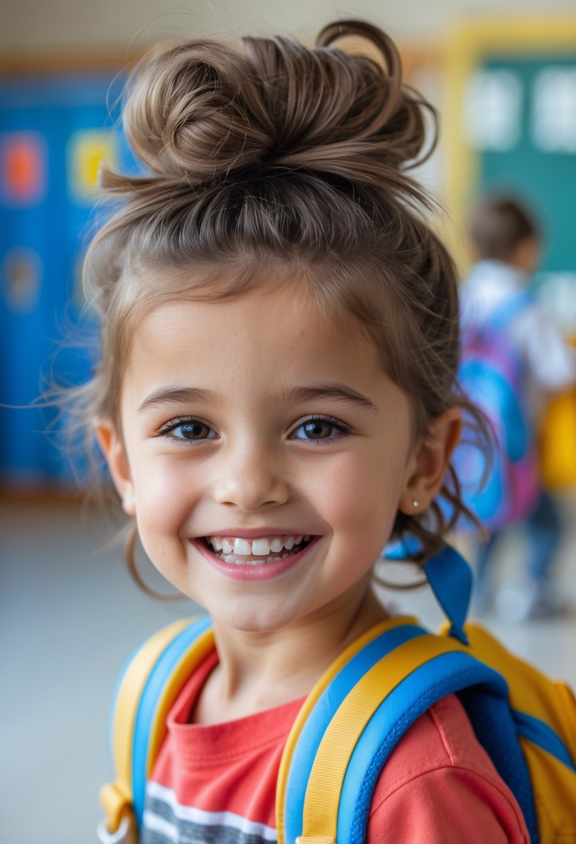 A young child smiling with a messy half-up top knot hairstyle, wearing a backpack in a school setting.