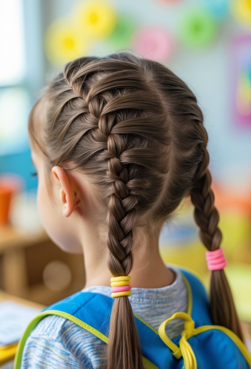 Back view of a child with two French braids tied with colorful elastics, wearing casual clothes in a bright school setting.