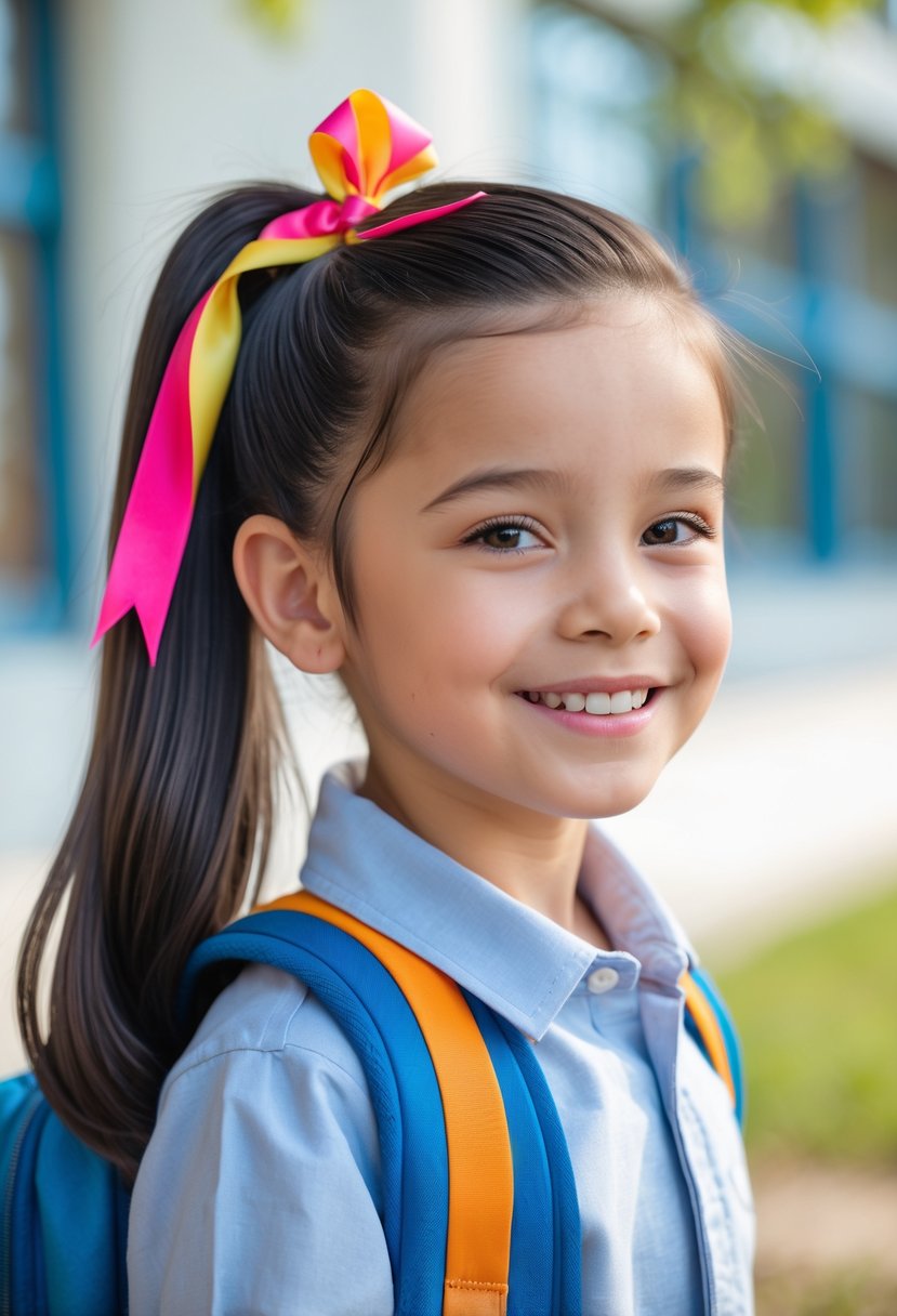 A young child smiling outdoors on their first day of school with a side ponytail tied with a ribbon.