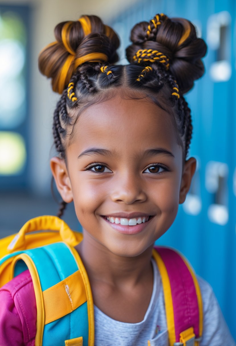A young child smiling with space buns and braided hair, wearing a backpack in a school setting.
