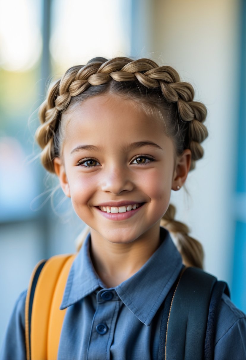 A young child with a twisted halo braid hairstyle smiling in a school setting.