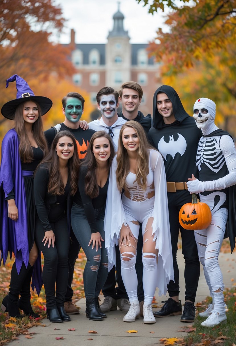 Ten college students outdoors on campus dressed in a variety of Halloween costumes, smiling and enjoying the autumn day.