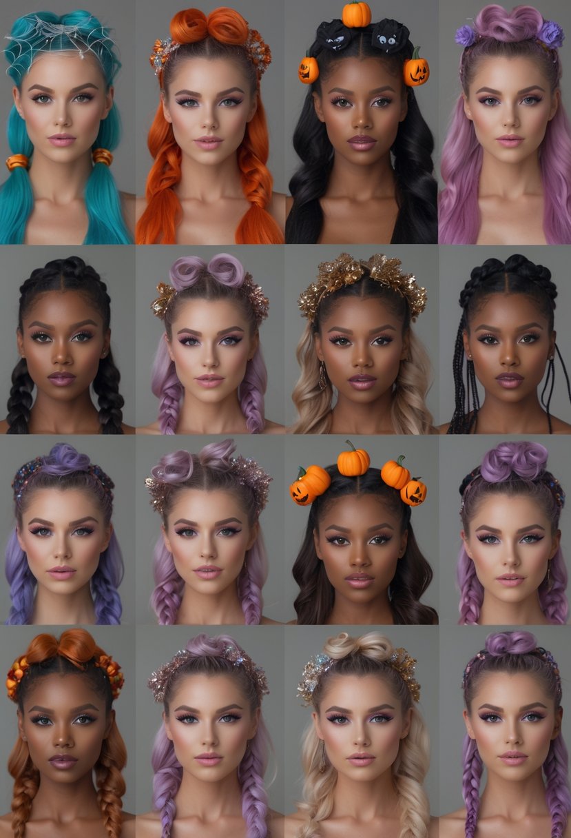 Ten women with different Halloween-themed hairstyles posed together in a studio setting.