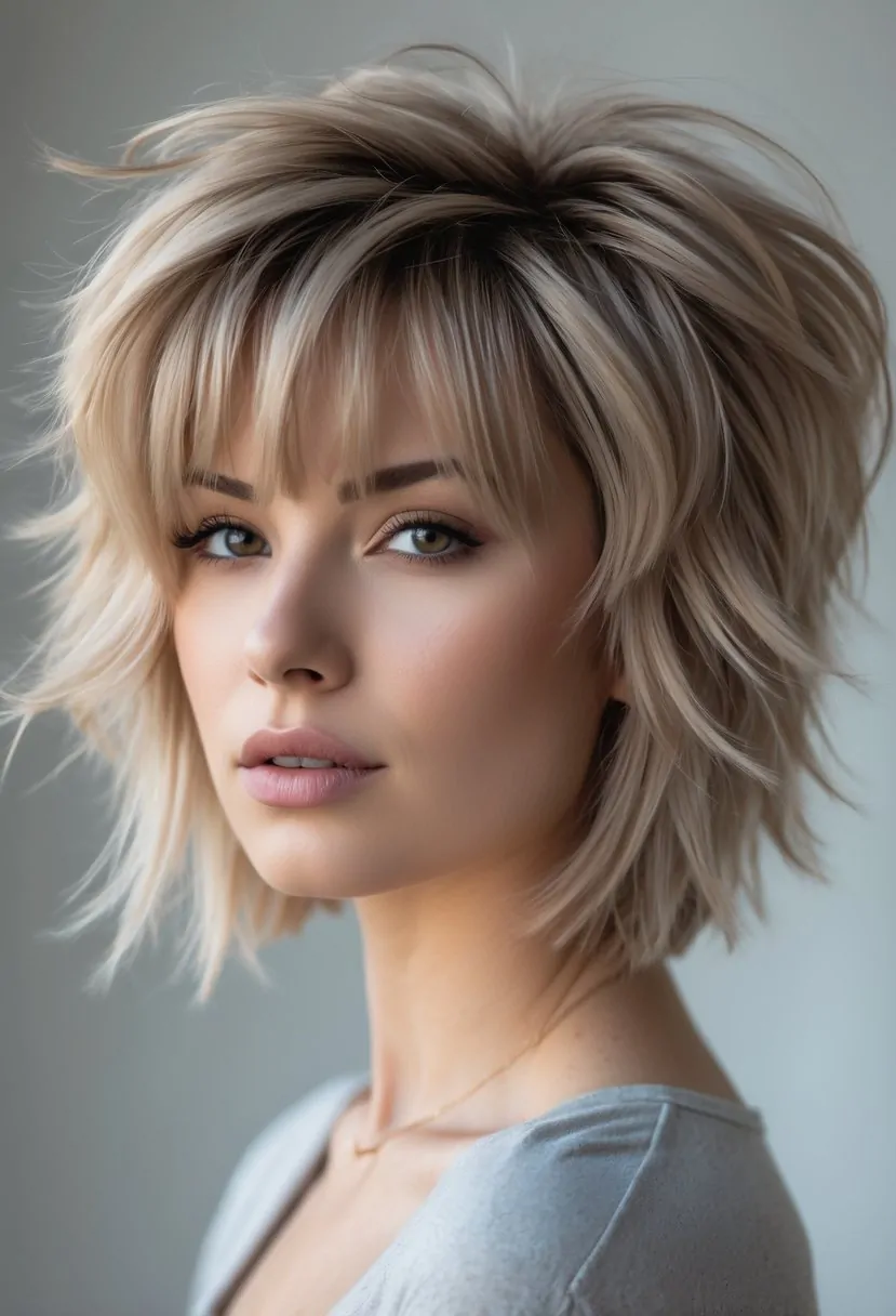 A woman with layered, textured hair posing against a plain background with a confident expression.