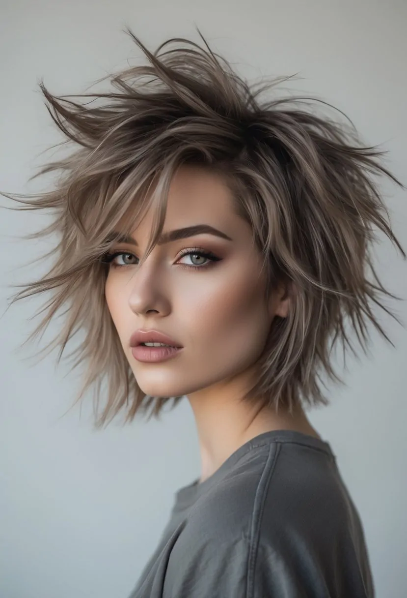 A young woman with layered, tousled hair looking confidently at the camera against a plain background.