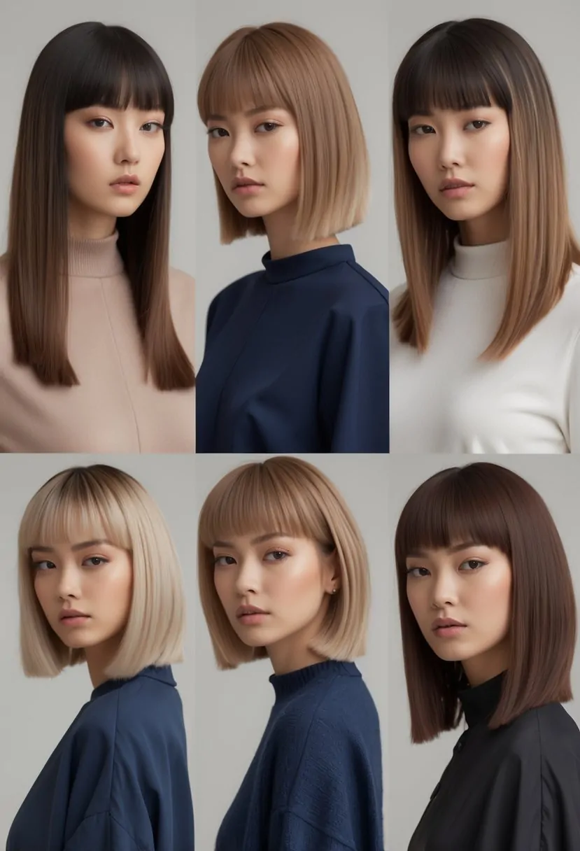 A group of women with straight hair styled in different wolf cut hairstyles, standing together in a studio.